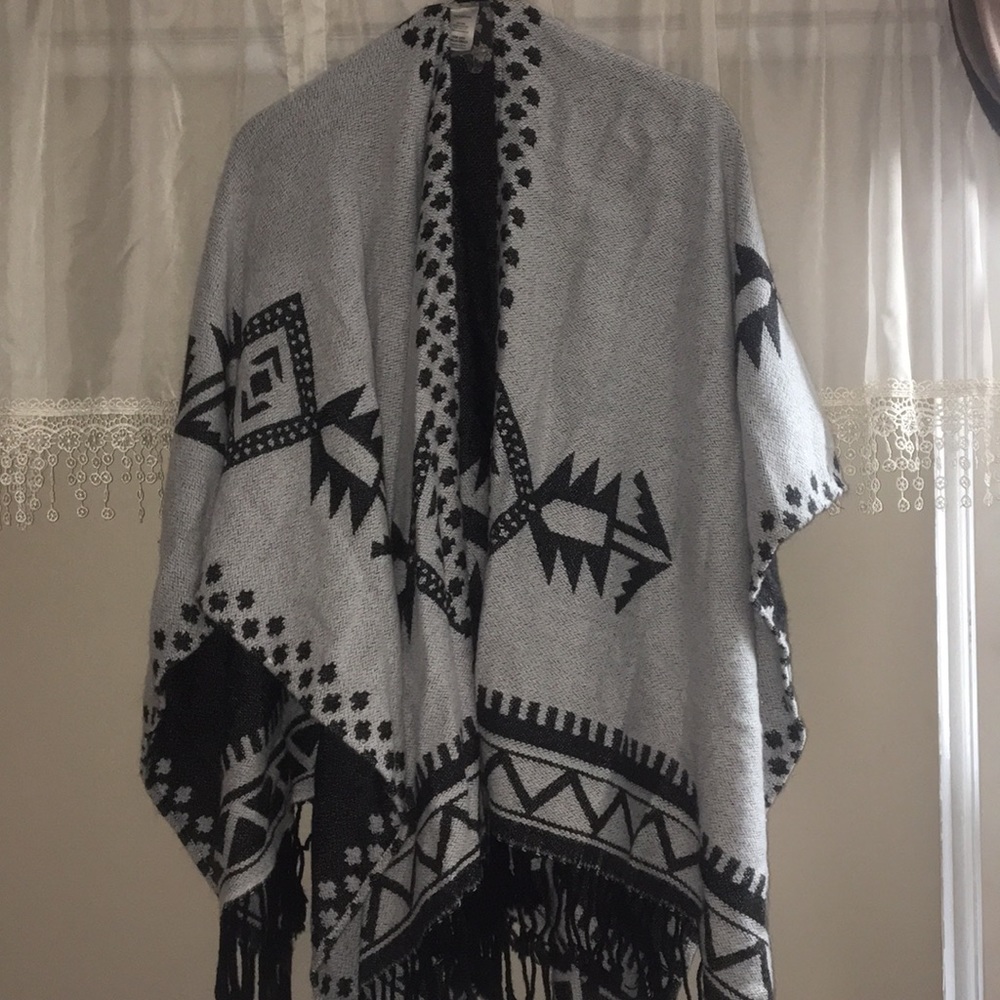 Gray and Black Aztec Poncho
